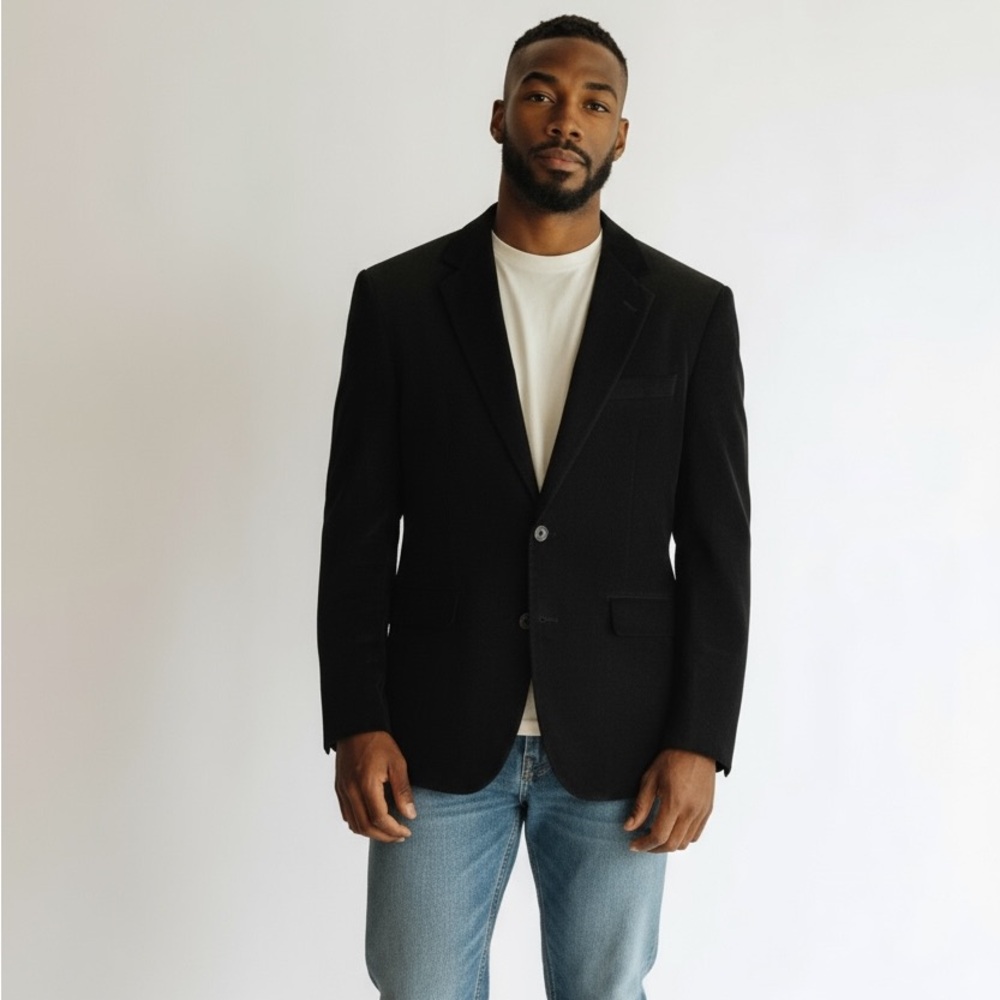 DKNY Classic Black Velvet Blazer – Elegant 2-Button Jacket, Timeless Style